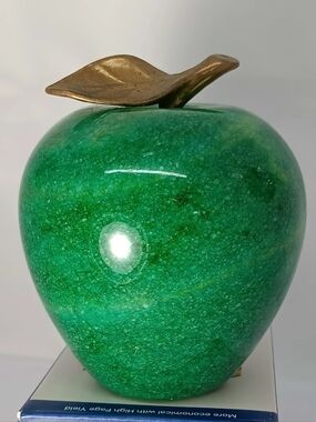 Green Marble Apple Sculpture with Brass Leaf